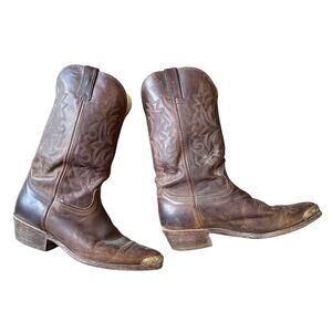 Brown Leather DURANGO Cowboy Western Boots Stitched Design 9.5D Gold Metal Toe